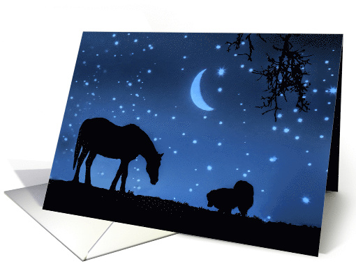 Friends Dog and Horse Starry Night With Crescent Moon card (1564838)