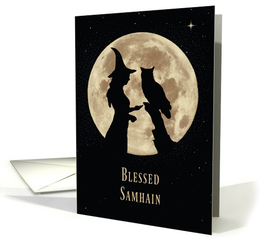 Samhain Witch and Owl with Full Moon, Samhain Blessings card (1573542)