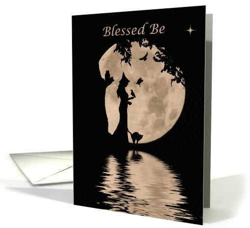 Wicca Happy Birthday with Moon, Witch and Animals, Bless Be card