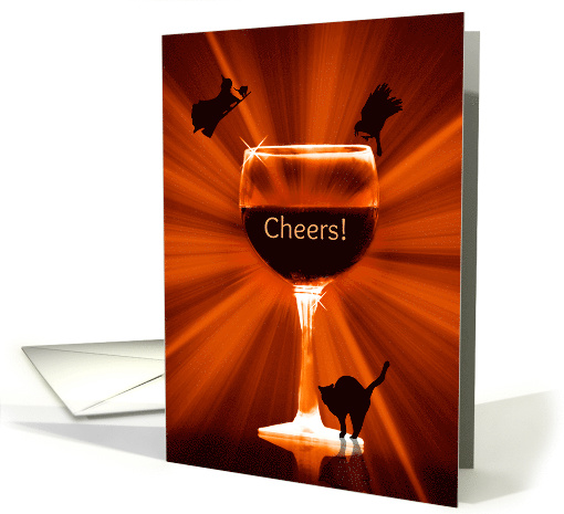 Wine Happy Halloween Cheers with Witch Cats and Raven card (1574498)