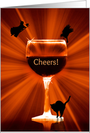 Wine Happy Halloween Cheers with Witch Cats and Raven card