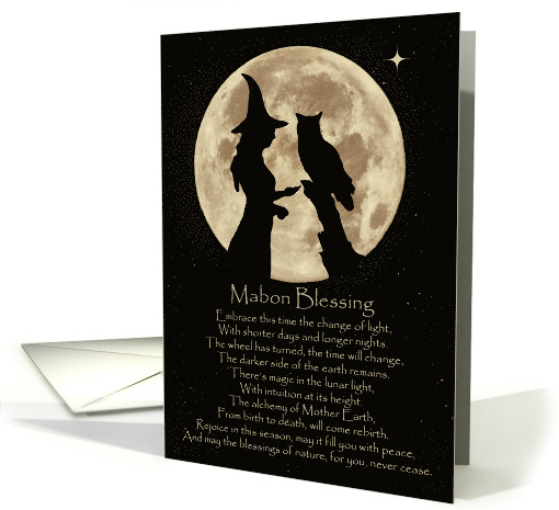 Wicca Mabon Blessings with Witch, Owl and Moon Autumn Equinox card