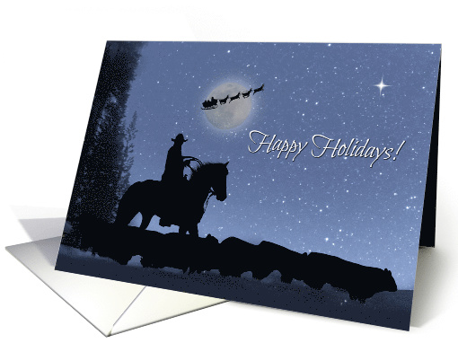 Country Western Snow and Santa Cowboy and Cattle Happy Holidays card