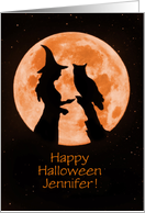 Happy Halloween Owl and Witch Custom Name card