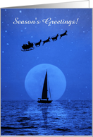 Season’s Greetings Sailboat and Santa in the Moonlight Nautical card
