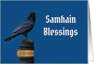 Raven or Crow and Skull Samhain Blessings card