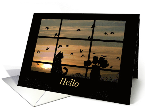 Hello Cat in the Window with Flowers and Birds card (1603734)