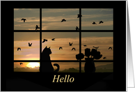 Hello Cat in the Window with Flowers and Birds card