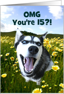 Any Age Customizable Cute Husky Dog in Flowers Happy Birthday card