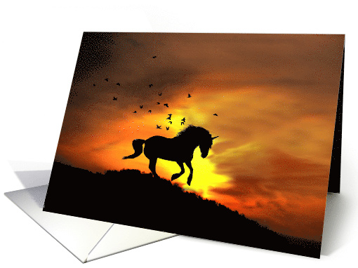 Unicorn Sunset and Birds Fantasy Blank card (1617318)