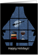 Wine and Santa Looking out the Window With Books Customizable Holiday card