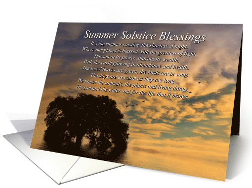 Summer Solstice Blessings Poem with Oak Tree, Water and Birds card