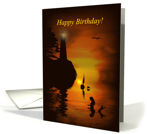 Nautical Coastal Sailboat with Dolphin and Mermaid Happy Birthday card