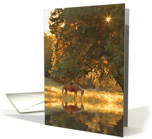 Pretty Autumn Greetings Horse and Oak Tree with Pond and Sun Star card