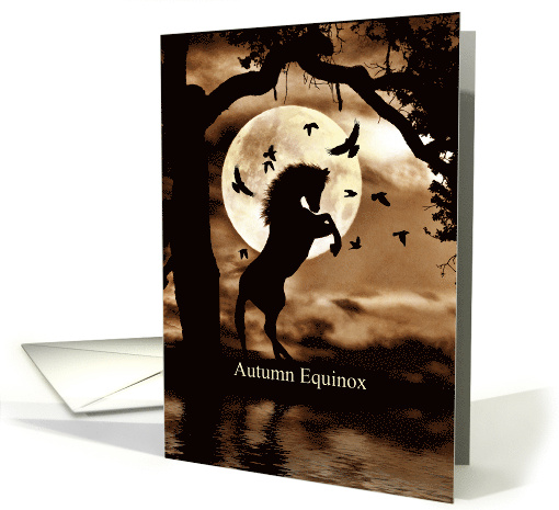 Autumn Equinox Blessings With Horse Moon Raven and Oak Tree card