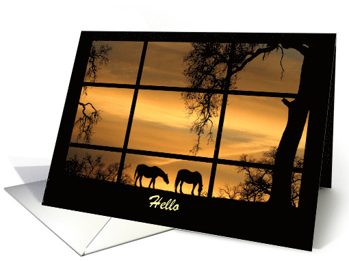 Hello Thinking of You Horses and Oak Tree Through a Window Custom card