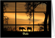 Hello Thinking of You Horses and Oak Tree Through a Window Custom card