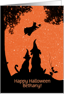 Cute Happy Halloween Custom Name Dog Cat and Witch card