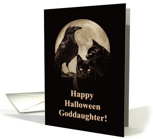 Mystical and Magic Black Cats and Raven Goddaughter Halloween card