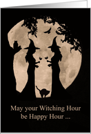 Funny Wine Halloween with Witches and Wine Happy Hour card