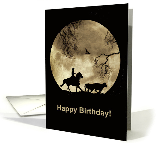 Country Western Cowboy Happy Trails Moon and Cattle Birthday card