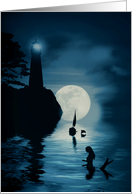 Mermaid Sail Boat Coastal Lighthouse Dolphin and Moon Fantasy Blank card