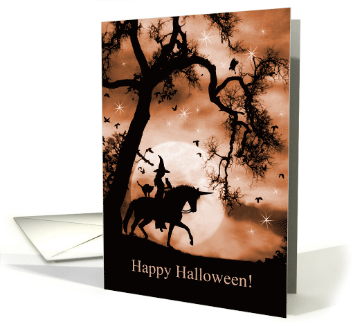Halloween with Unicorn Horse Witch Black Cat with Oak Tree card