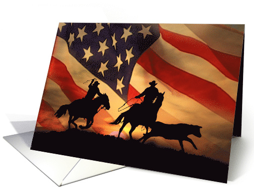 American Flag and Cowboys Roping Rodeo Blank card (1651054)