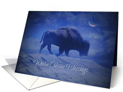 Buffalo in the Snow with Crescent Moon Winter Solstice Blessings card