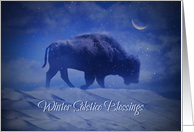Buffalo in the Snow with Crescent Moon Winter Solstice Blessings card