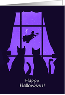 Cute Cats in Window with Witch and Kitty on Broom Halloween Custom card