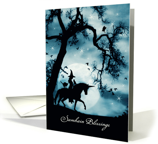Wicca Inspired Samhain Blessings with Witch and Familiars Moon card