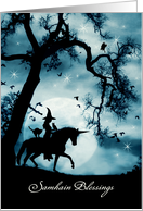 Wicca Inspired Samhain Blessings with Witch and Familiars Moon card