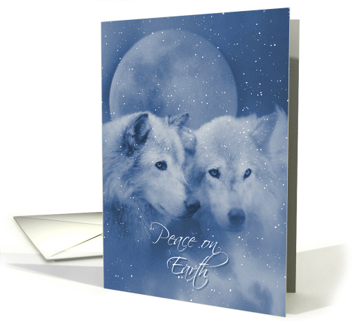 Christmas with Wolves and Moon Peace With Falling Snow Specks card