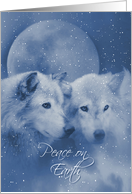 Christmas with Wolves and Moon Peace With Falling Snow Specks card