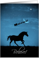 Unicorn Santa and Sleigh Fantasy Mythical Believe Happy Holidays Xmas card