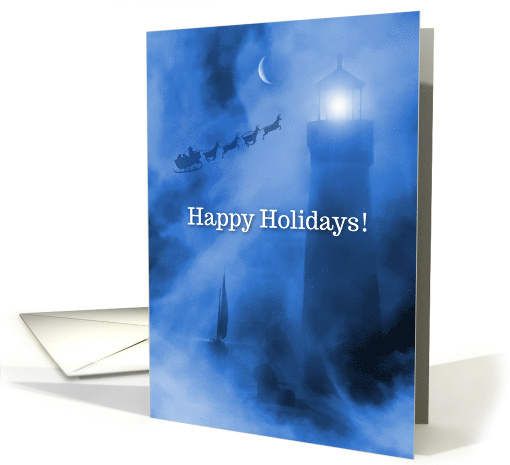 Lighthouse with Sailboat Santa and Sleigh Happy Holidays Cute card