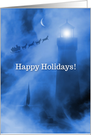 Lighthouse with Sailboat Santa and Sleigh Happy Holidays Cute card