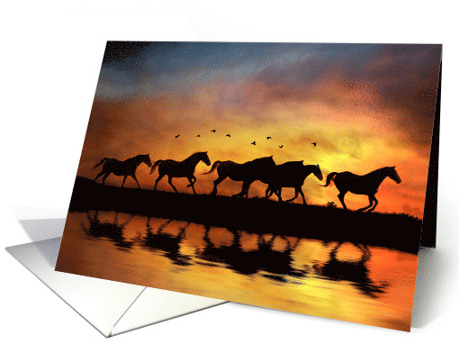 Herd of Galloping Horses and Water at Sunset Blank card (1689636)