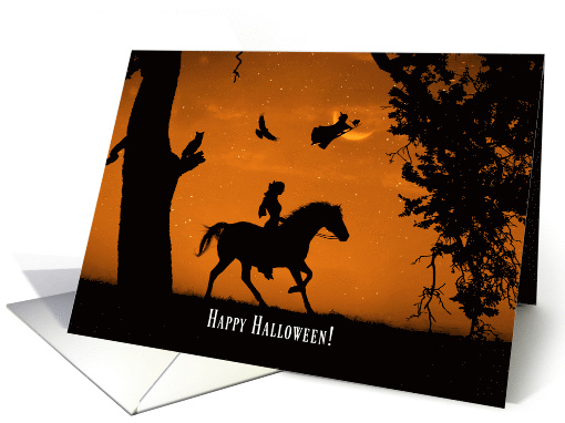 Halloween Witch Horse Owl Raven and Girl Fun card (1690128)