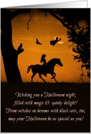Halloween With Mystical Owl Raven Witch and Cat Horse and Rider card