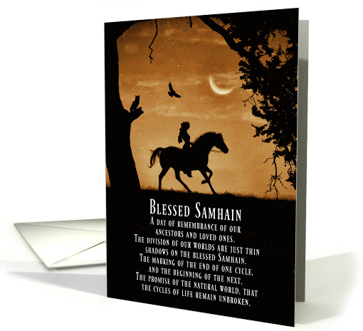 Samhain With Girl In Nature Horse Owl and Oak Tree Crescent Moon card