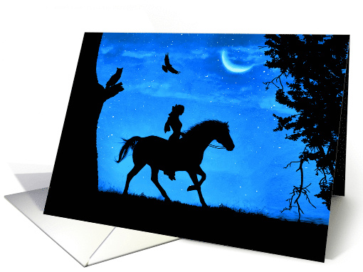 Winter Solstice Owl Raven Horse and Rider Crescent Moon Night card