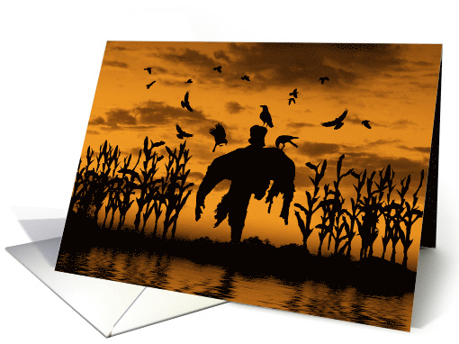 Spooky Scarecrow in a Cornfield with Birds and Raven Halloween card