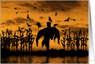 Spooky Scarecrow in a Cornfield with Birds and Raven Halloween card