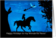 Niece Happy Holidays with Girl on Horseback with Owl and Santa Custom card