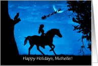 Happy Holidays Custom Name Specific Cute Horse and Rider Santa card