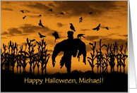 Halloween Custom Name Scarecrow and Ravens Cornfield Spooky card