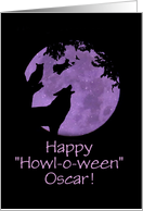 Halloween or Howloween Cute Custom Name Wolf Witch and Owl with Moon card