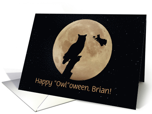 Halloween Custom Name Owloween Funny with Owl Witch Cat and Moon card